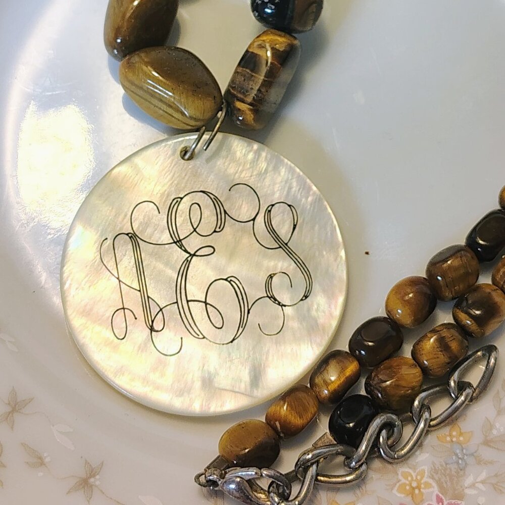 Vtg Tiger's Eye Necklace w/ Shell Pendant Mother of Pearl Reversible Monogram